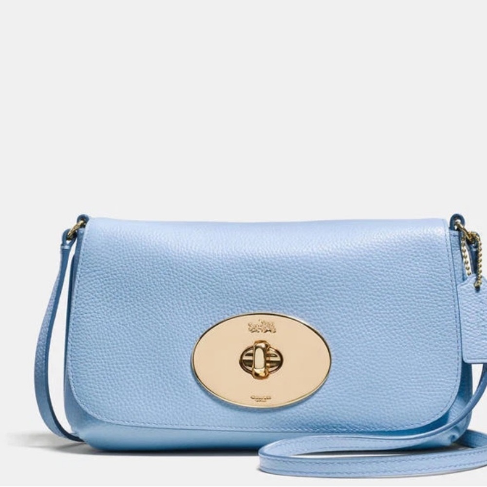 Coach Light Blue Turnlock Crossbody Bag Pebbled Leather